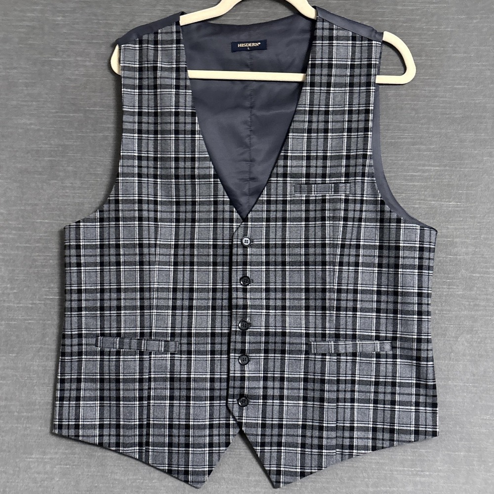 HISDERN Suit Vest L 40/42 Handmade Gray Plaid Waistcoat Business Classic‎